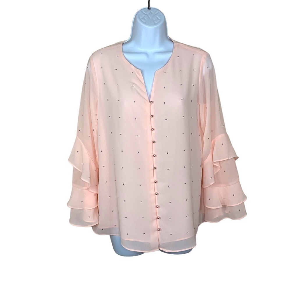 Alfani Pastel Pink Silver Pearl Accent Ruffle Sleeve Henley Neckline XS